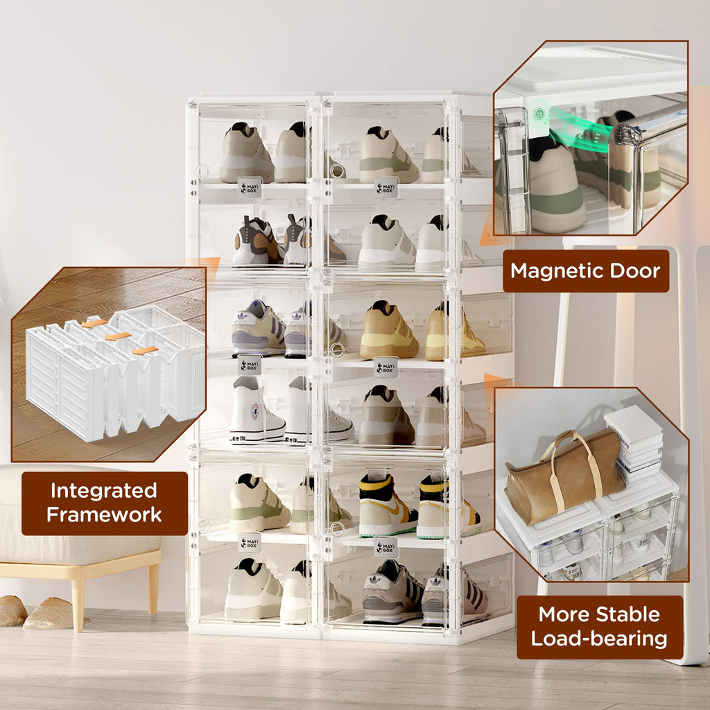 ANTBOX Foldable Shoe Rack,Shoe Organizers for Closet Plastic Shoe Storage Box for Entryway,Living Room,Large Sturdy Stackable Sneaker Cabinet Bins with Magnetic Clear Door