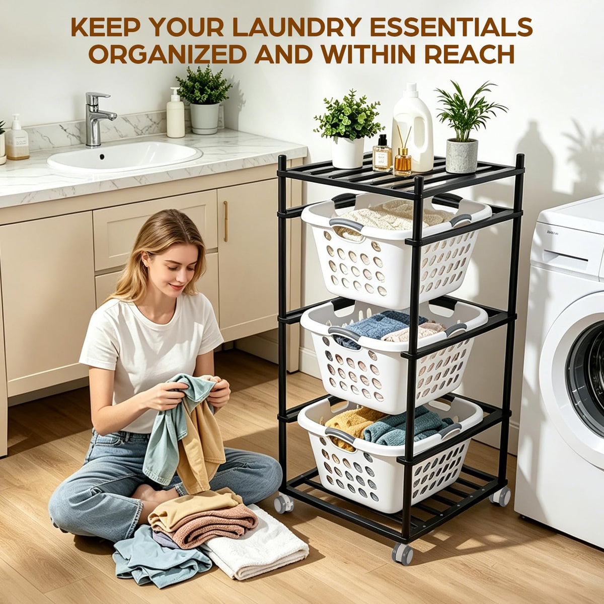 Laundry Basket Holder Storage Shelf with 4 Baskets (1.25 Bushel)