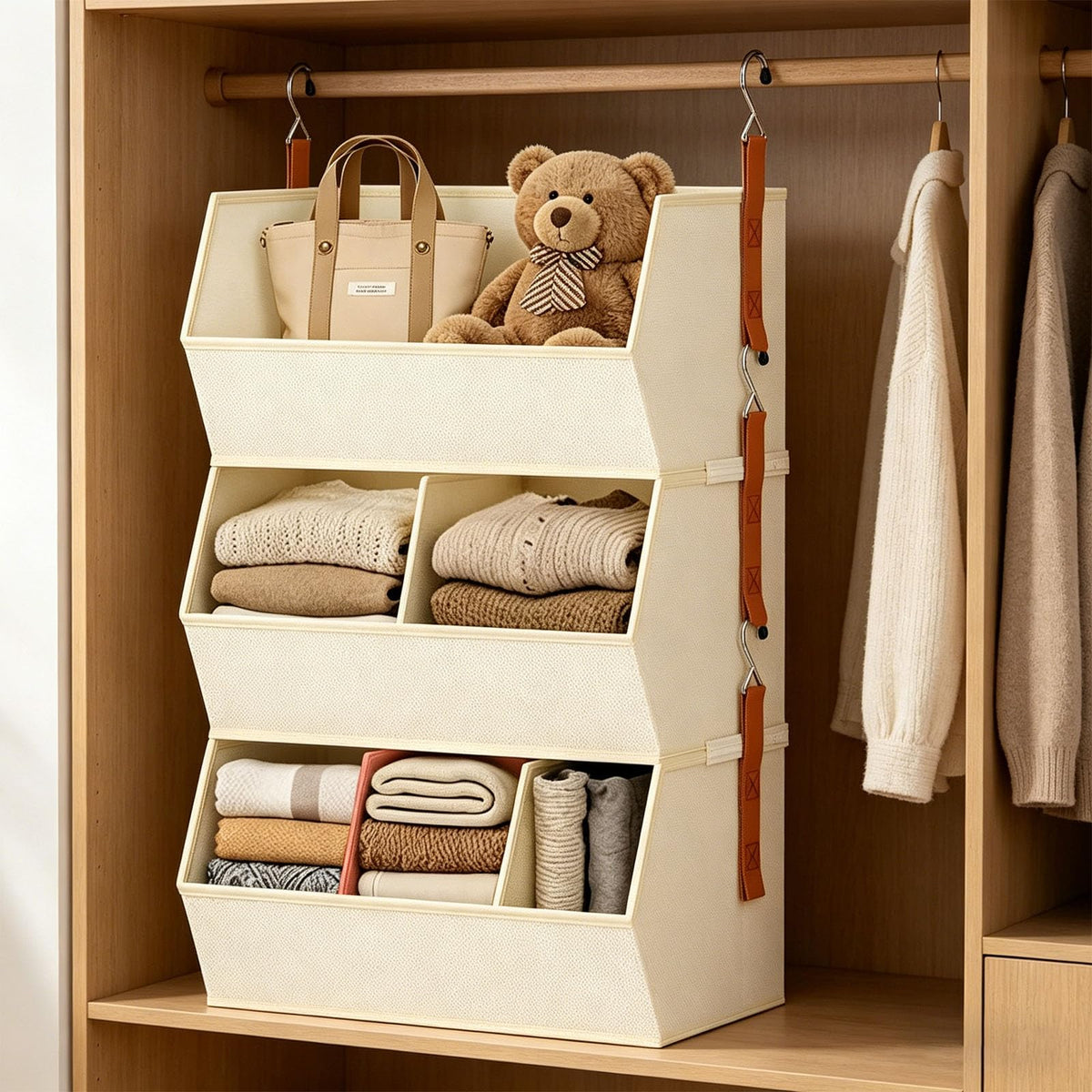 sodeber Fabric Hanging Closet Organizer with Reinforced PP Boards and Metal Hooks Space Saving Vertical Wardrobe Storage Shelves for Clothes Sweaters and Household Organization