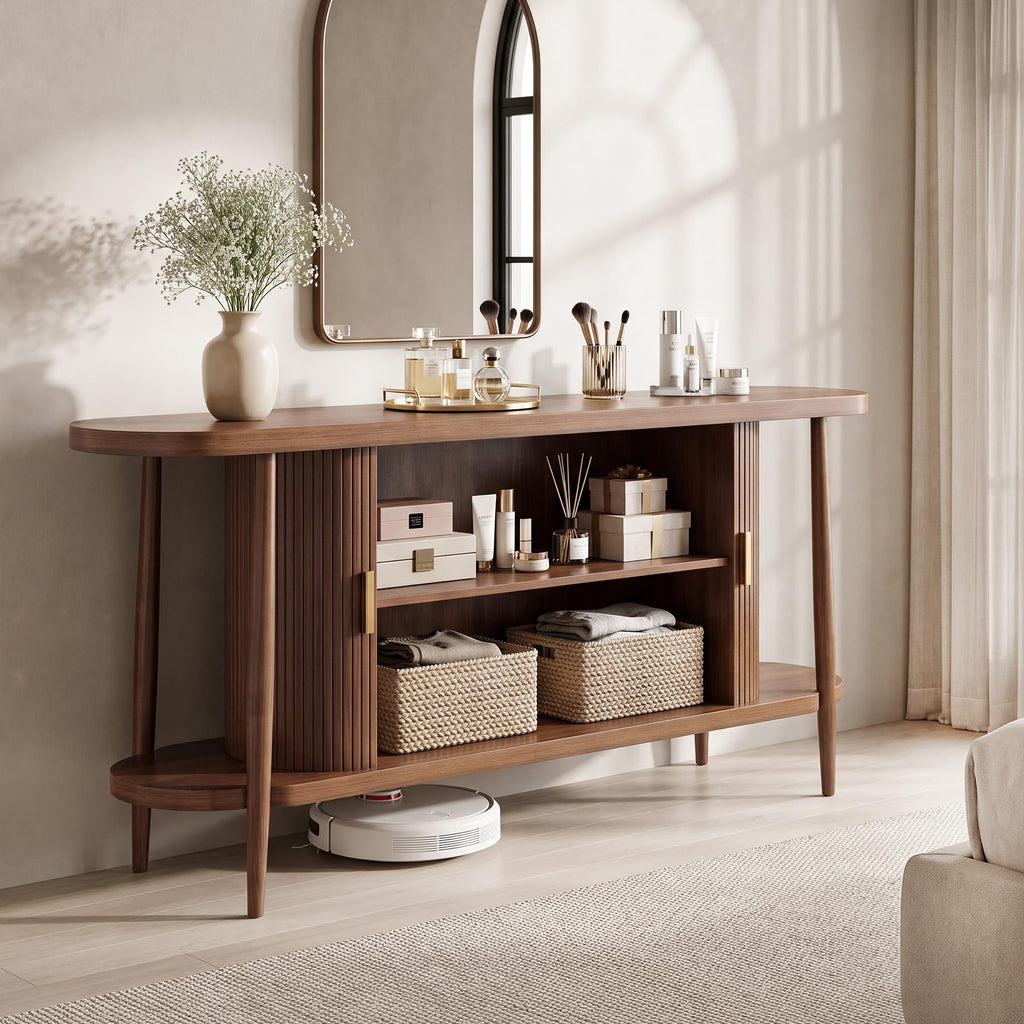 63" Fluted Console Table with Storage, Entryway Table Sliding Door, Walnut