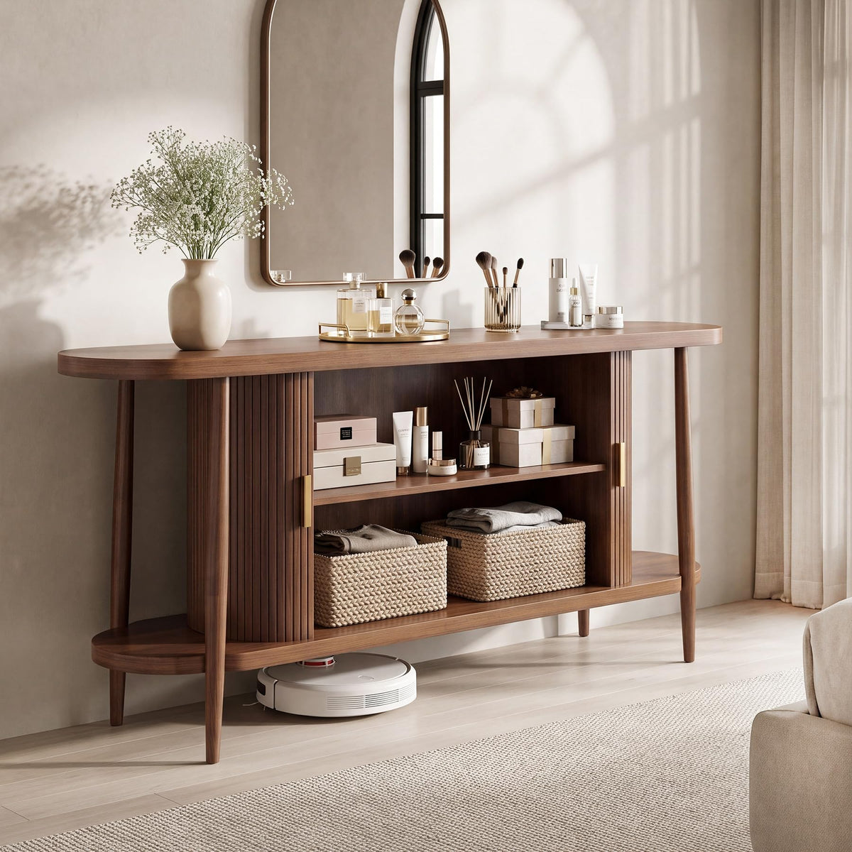 63" Fluted Console Table with Storage, Entryway Table Sliding Door, Walnut