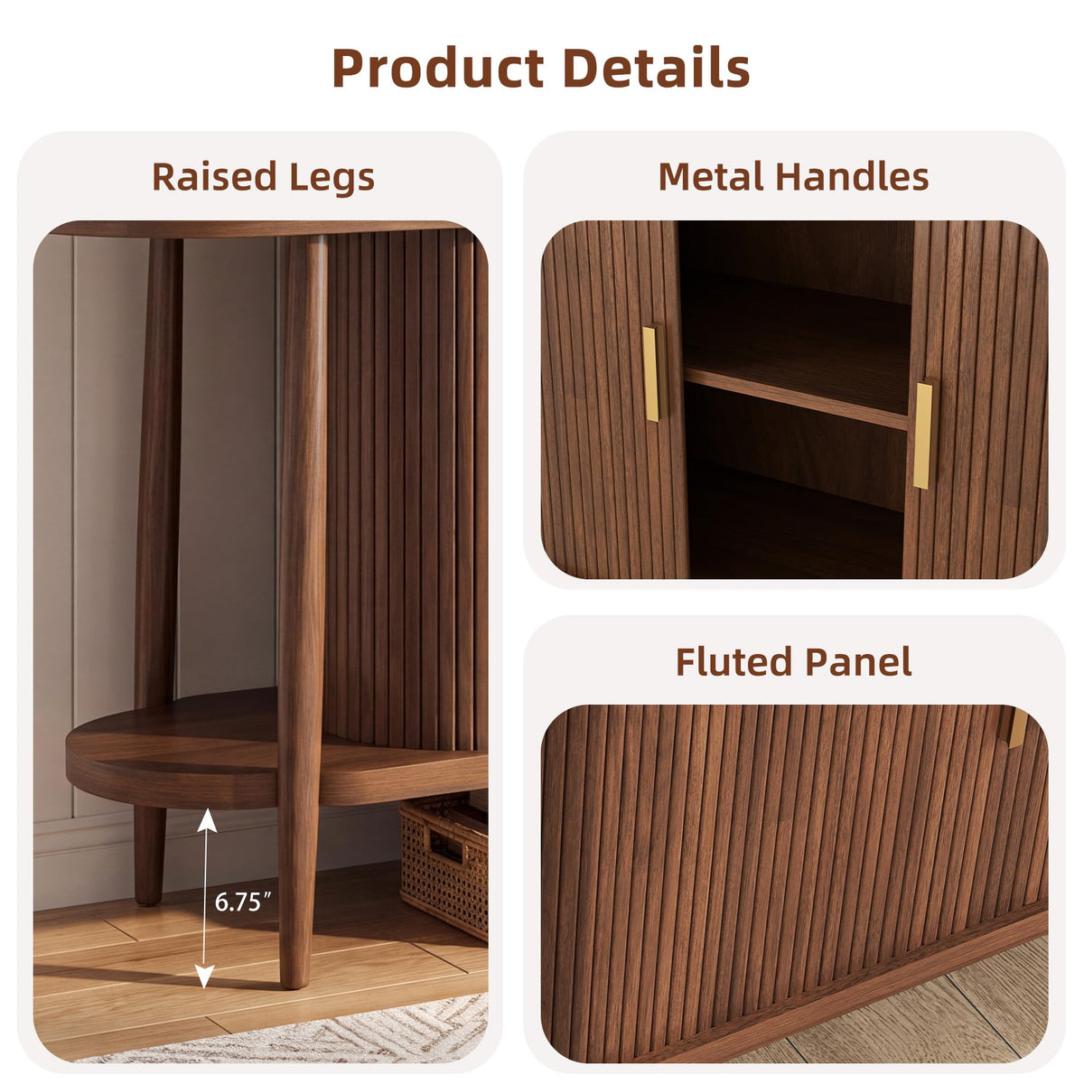 63" Fluted Console Table with Storage, Entryway Table Sliding Door, Walnut