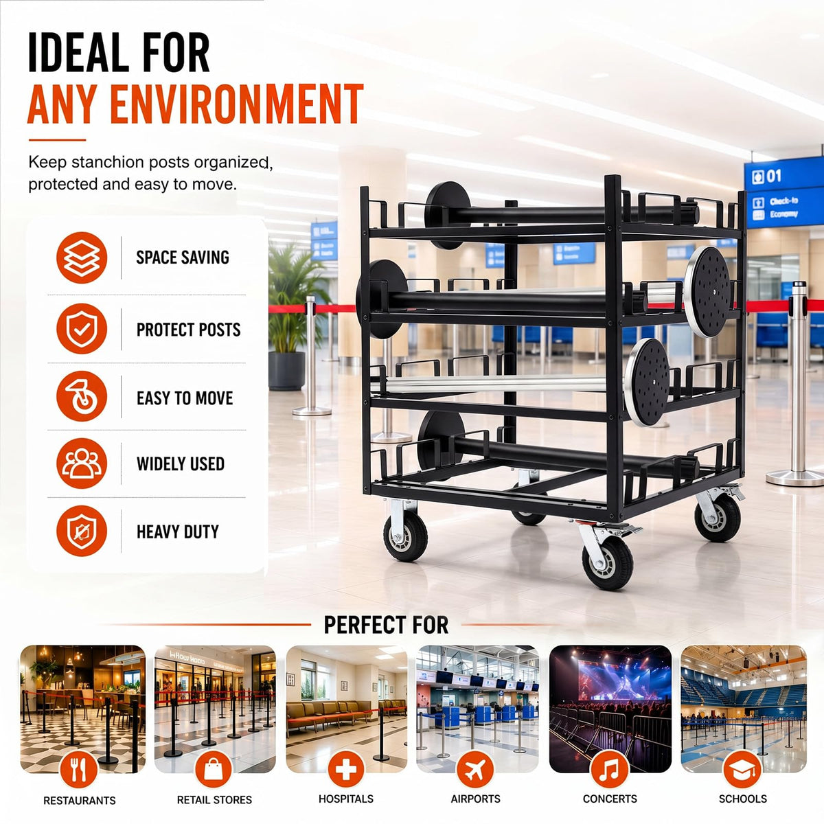Datanly Stanchion Cart, Crowd Control Stanchion Cart, Easy to Assemble, Horizontal Padded Storage Locking Wheels for Safety with 8 Tie-Down Straps