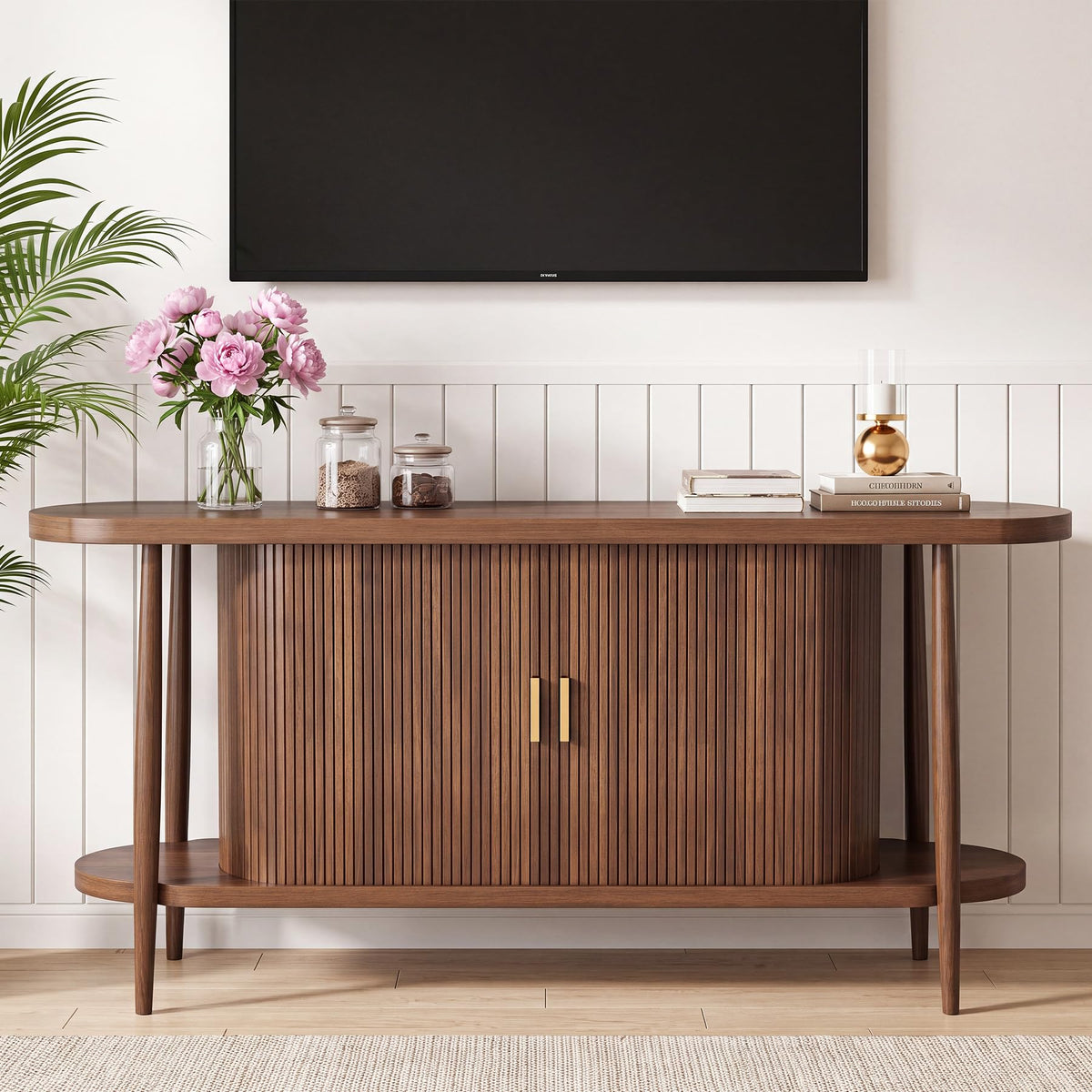 63" Fluted Console Table with Storage, Entryway Table Sliding Door, Walnut