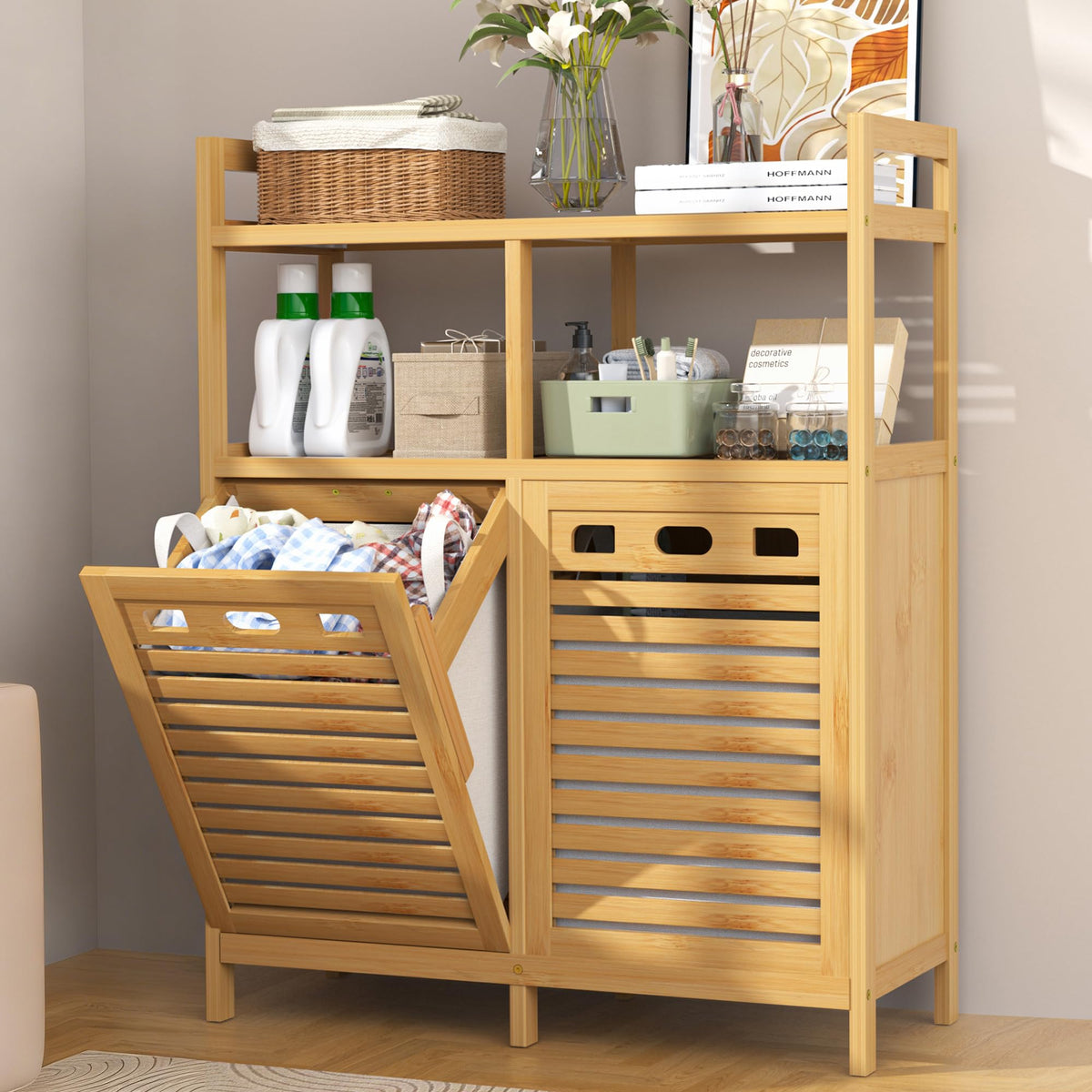 VASMIA Tilt-Out Bamboo Laundry Hamper with Storage