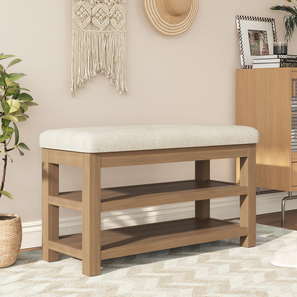2 Tier Solid Rubberwood Shoe Bench - 300 LBS Capacity, 31.5" Beige