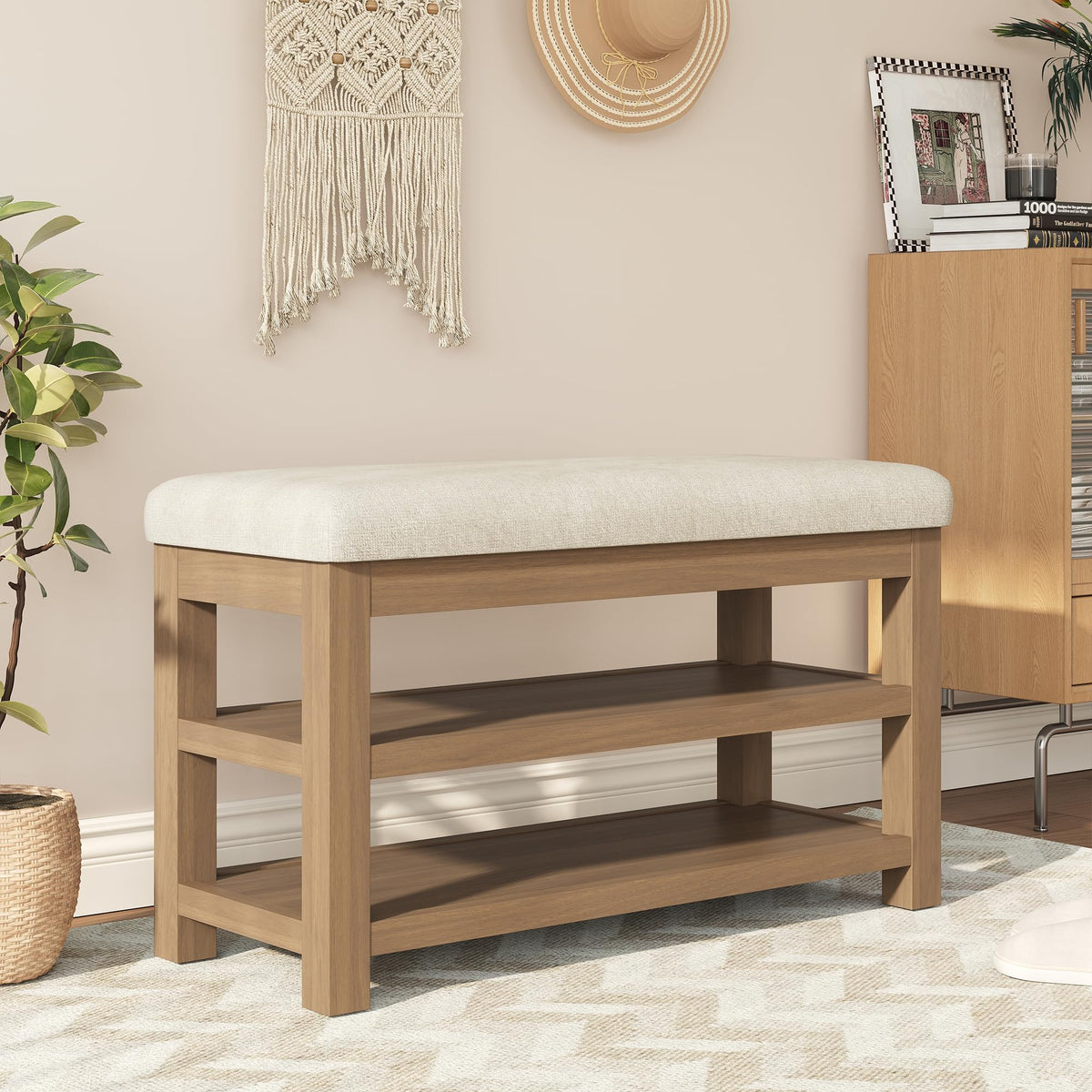 2 Tier Solid Rubberwood Shoe Bench - 300 LBS Capacity, 31.5" Beige