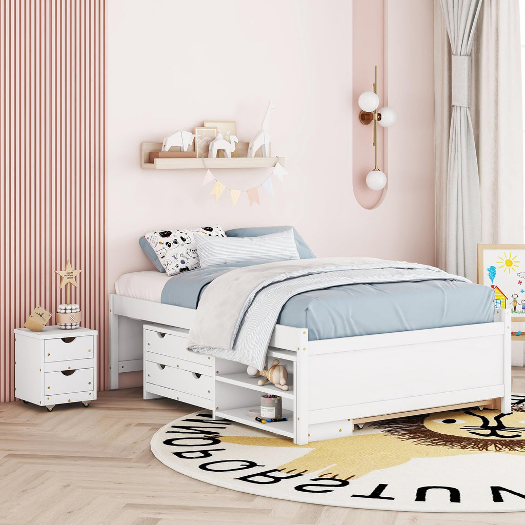 Full Size Storage Bed, Solid Wood Bed with Trundle, Under Bed Storage Box of 2 Drawers, Shelves, and Nightstand,White DI728 CR275