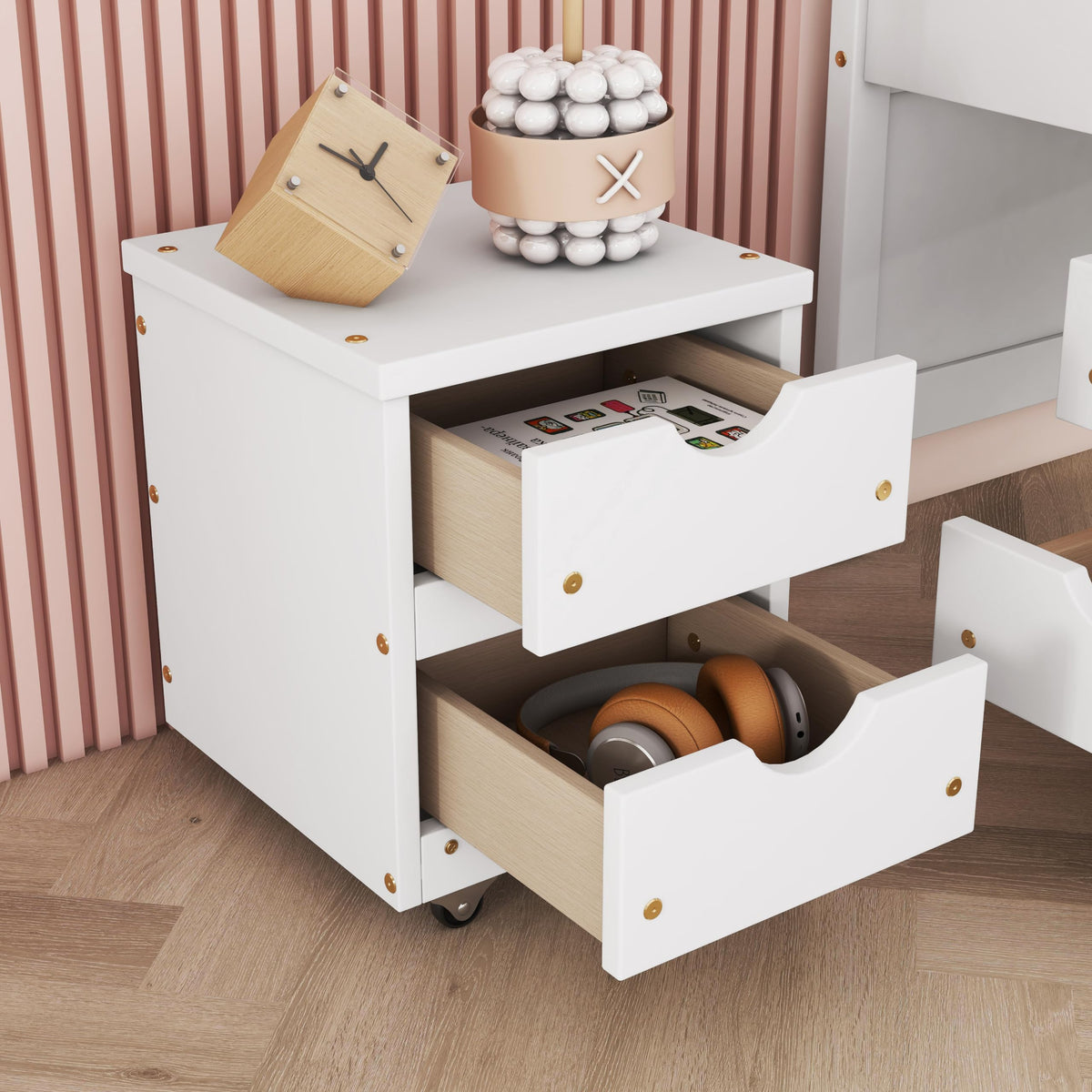 Full Size Storage Bed, Solid Wood Bed with Trundle, Under Bed Storage Box of 2 Drawers, Shelves, and Nightstand,White DI728 CR275