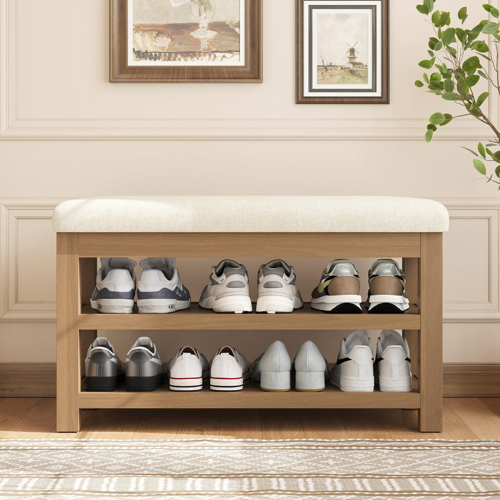 2 Tier Solid Rubberwood Shoe Bench - 300 LBS Capacity, 31.5" Beige