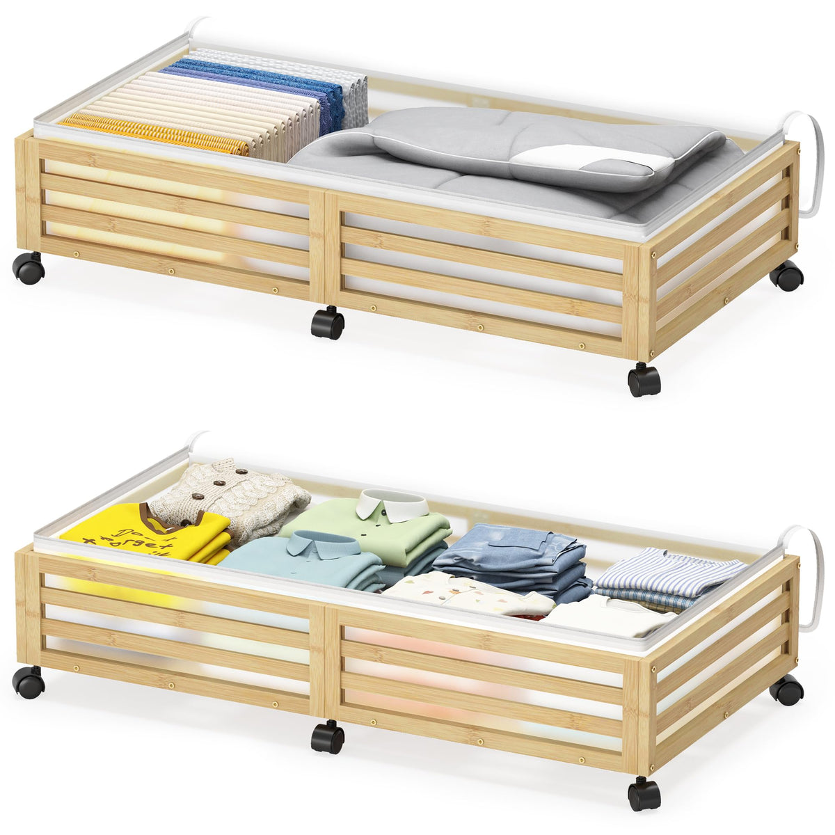 Wisuce Home Bamboo Rolling Under-Bed Storage Bins with Wheels