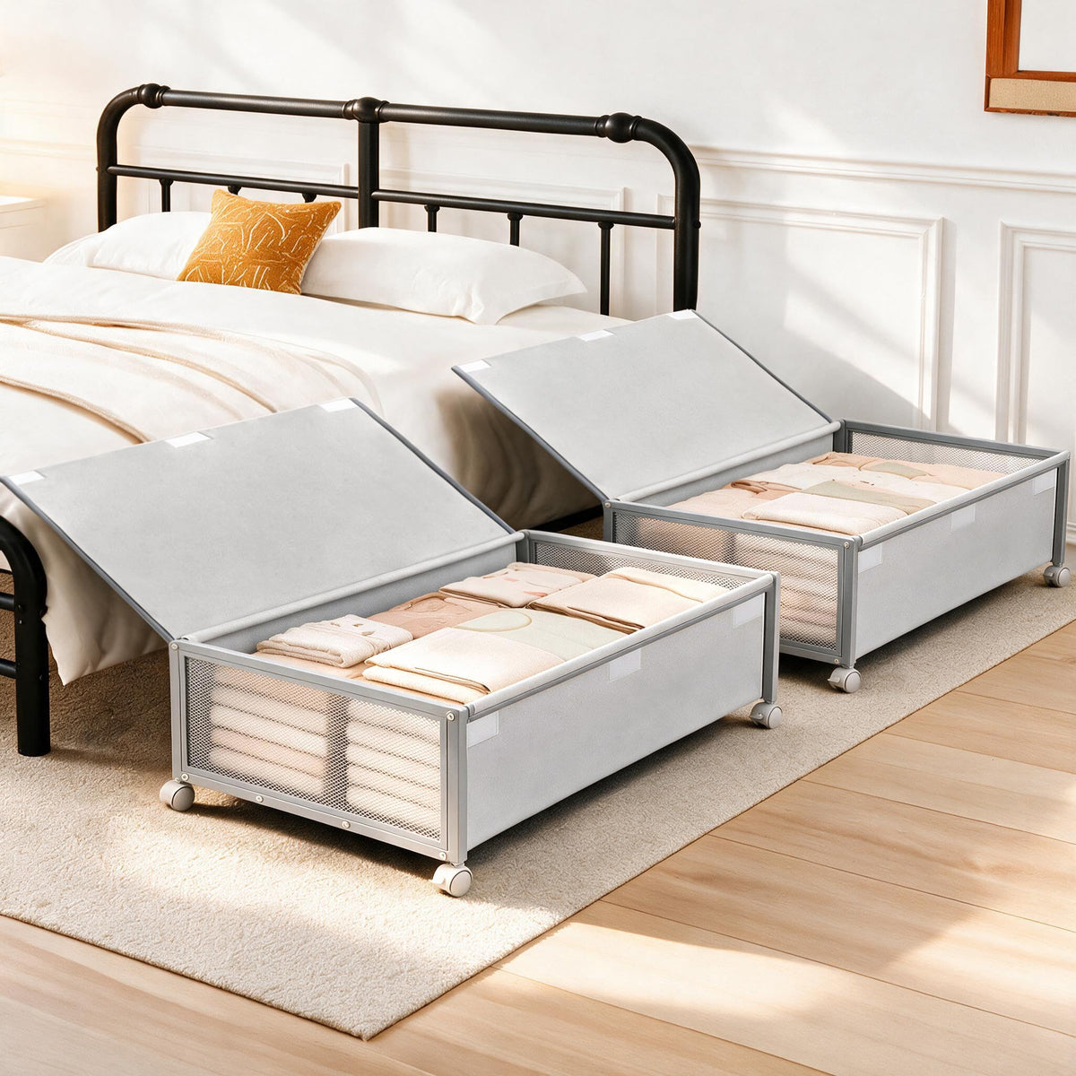 Fokyfok 2-Pack Rolling Under-Bed Storage Bins with Lids