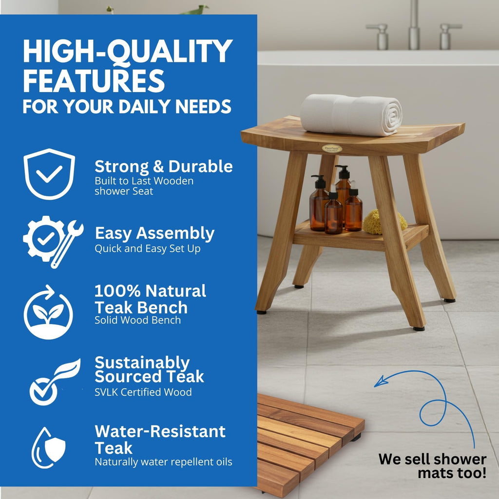 EcoDecors Satori Teak Wood Shower Bench, EarthyTeak Finish