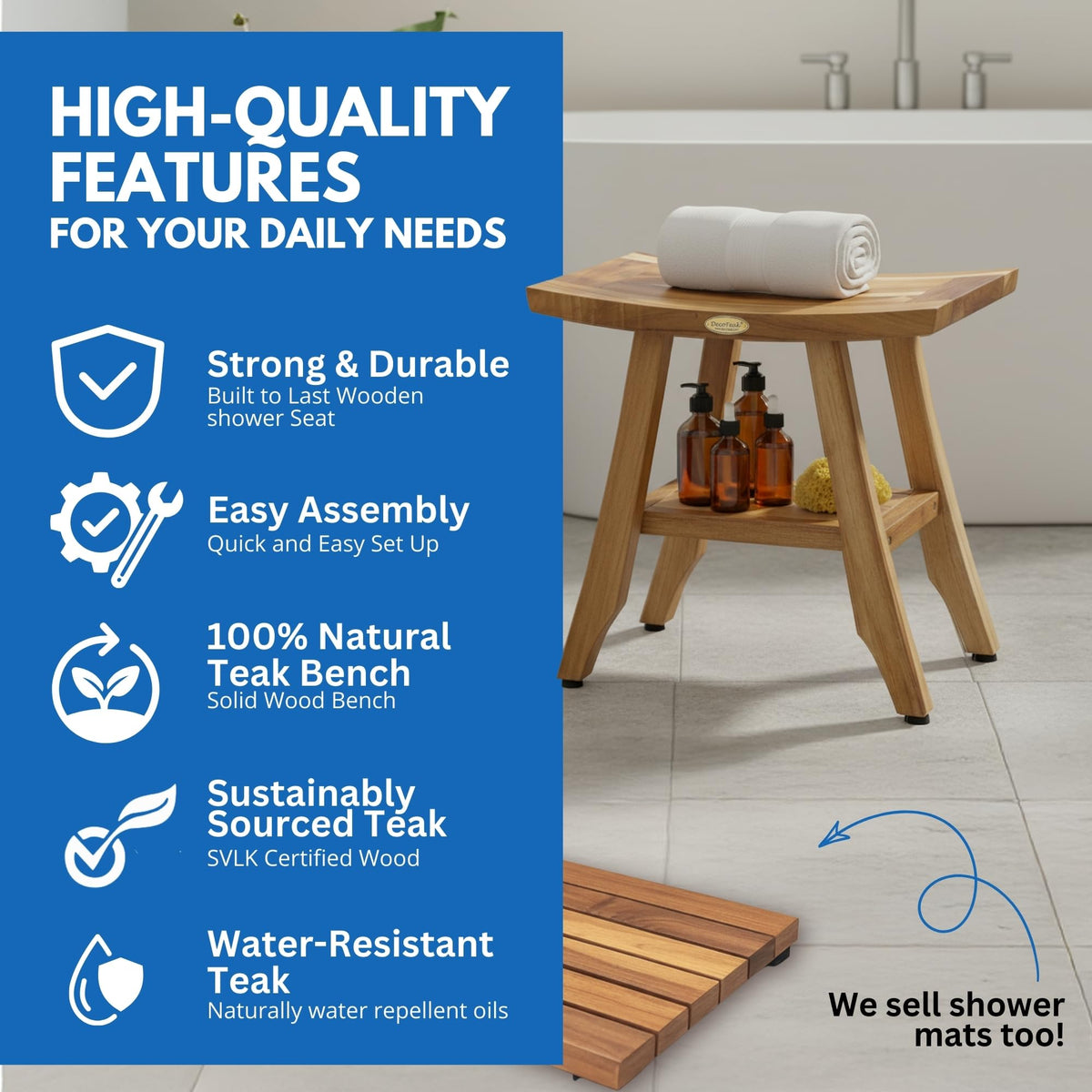 EcoDecors Satori Teak Wood Shower Bench, EarthyTeak Finish