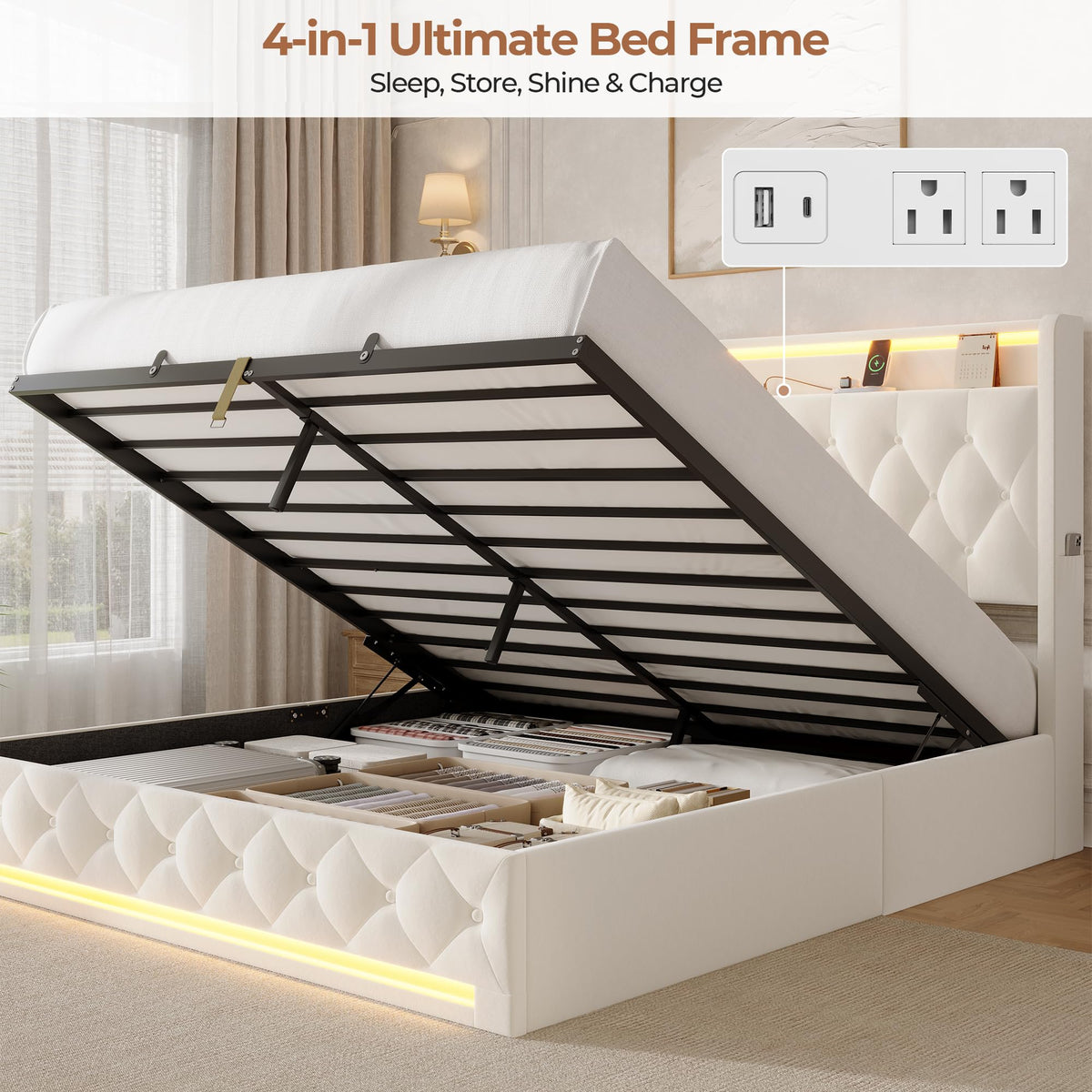 Hizyrina Hydraulic Lift Up Storage Bed Frame with Shelves, Side Pockets & Charging Station, Upholstered LED Platform Bed with Button Tufted Headboard, No Box Spring Needed, Velvet