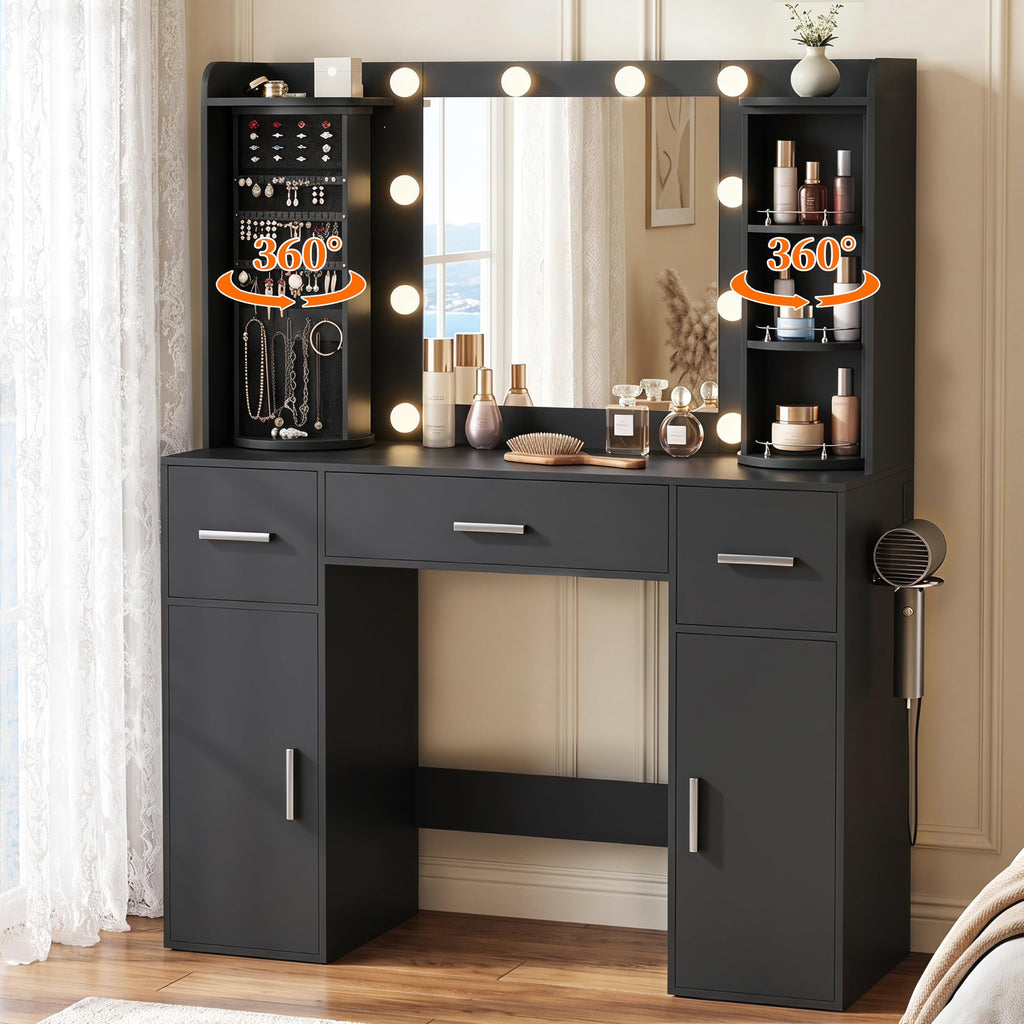 EasyCom Vanity Desk with Rotating Jewelry Organizers for Bedroom
