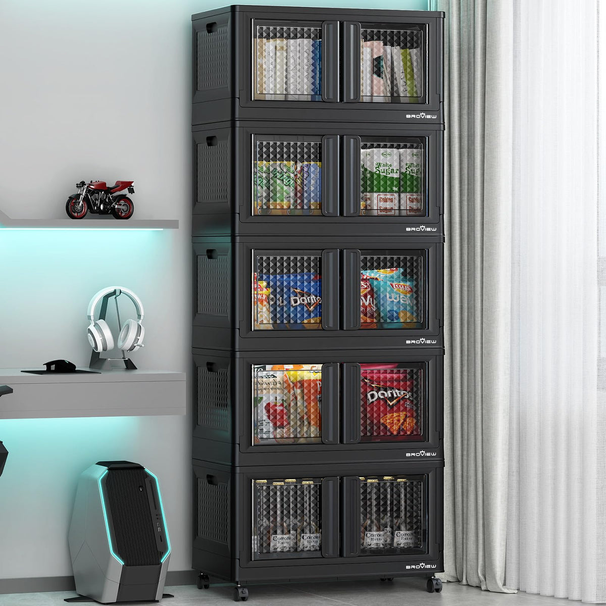 BROVIEW Stackable Collapsible Storage Bins with Lids & Doors
