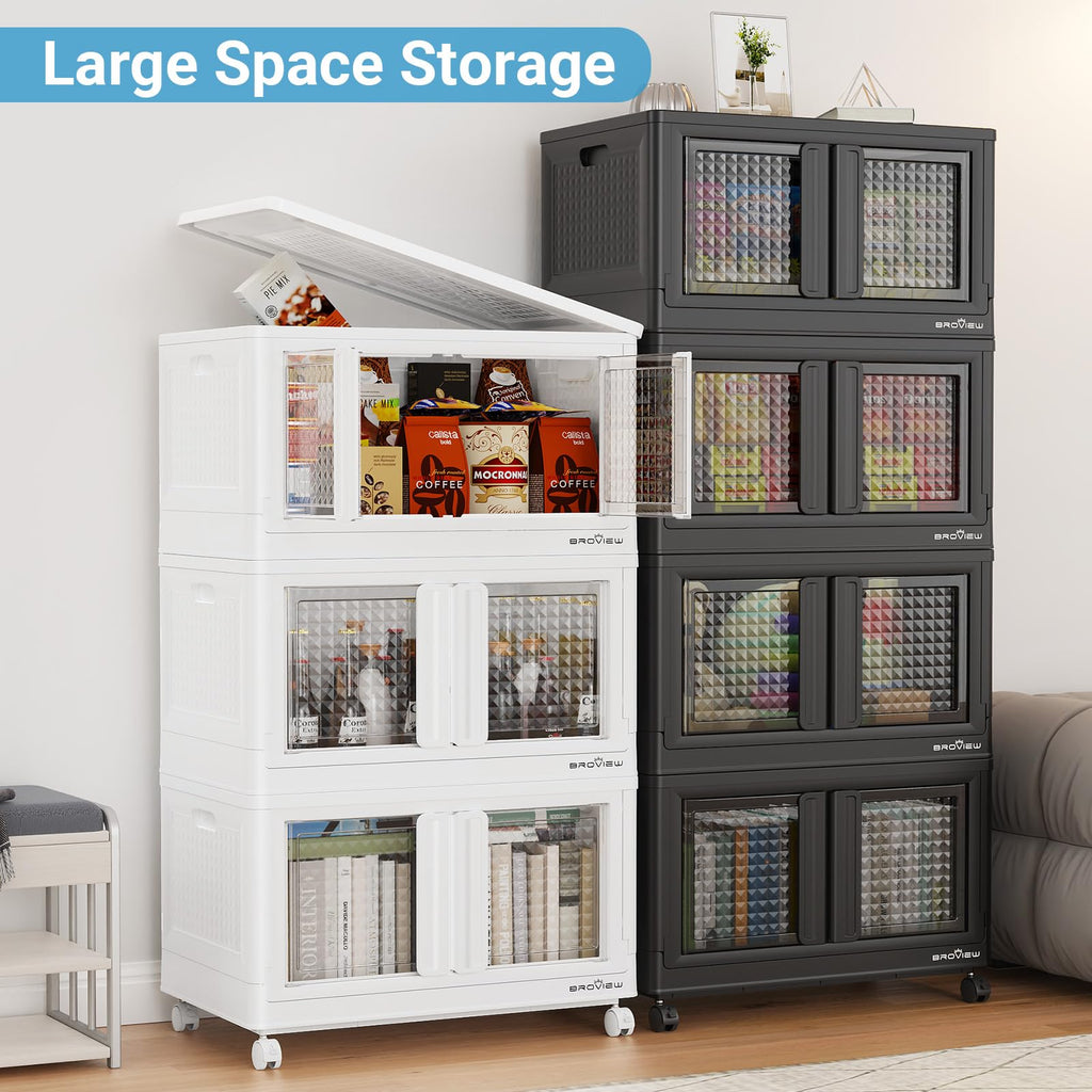 BROVIEW Stackable Storage Bins with Lids, Closet Organizers and Storage Drawer, Plastic Collapsible Storage Bins with Doors, Heavy Duty Store Box Cabinet for Home Kitchen