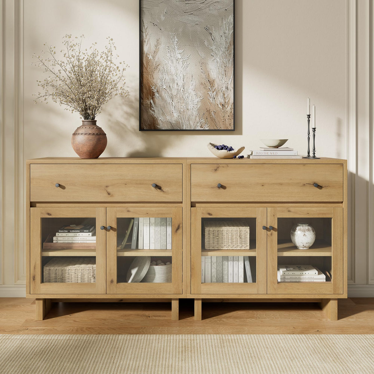 AMERLIFE Storage Cabinet with Glass Doors & Drawer
