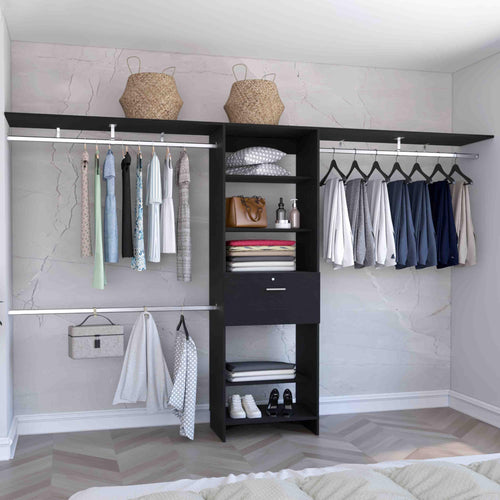 GMASONHK Black Closet Organizer System - 3 Hanging Rods, 5 Shelves, 1 Drawer for Bedroom and Wardrobe