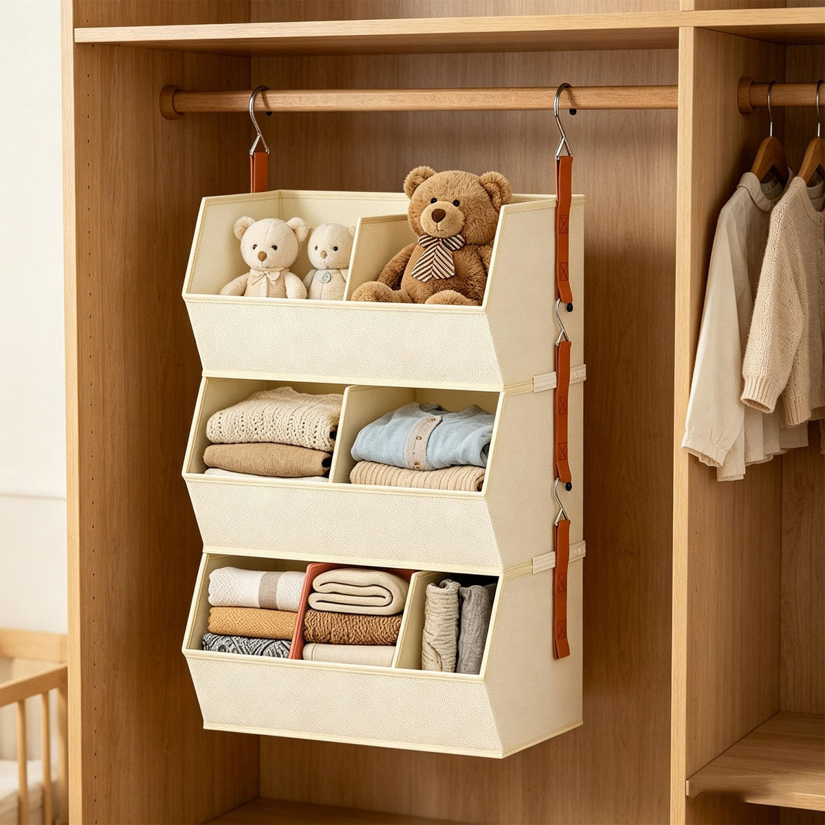sodeber Fabric Hanging Closet Organizer with Reinforced PP Boards and Metal Hooks Space Saving Vertical Wardrobe Storage Shelves for Clothes Sweaters and Household Organization