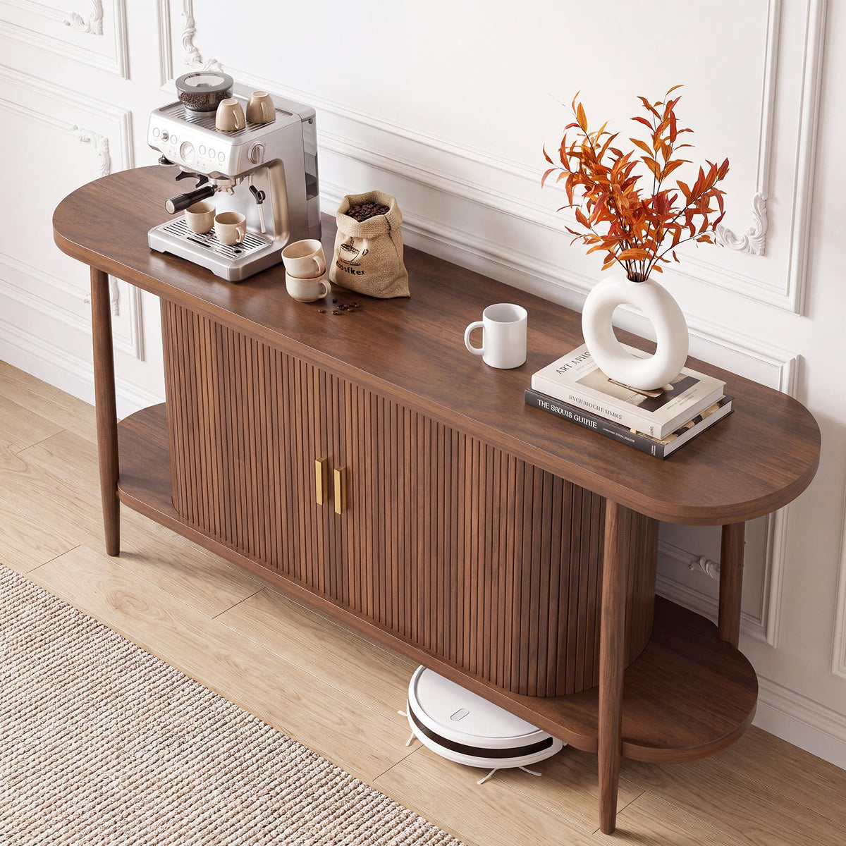 63" Fluted Console Table with Storage, Entryway Table Sliding Door, Walnut