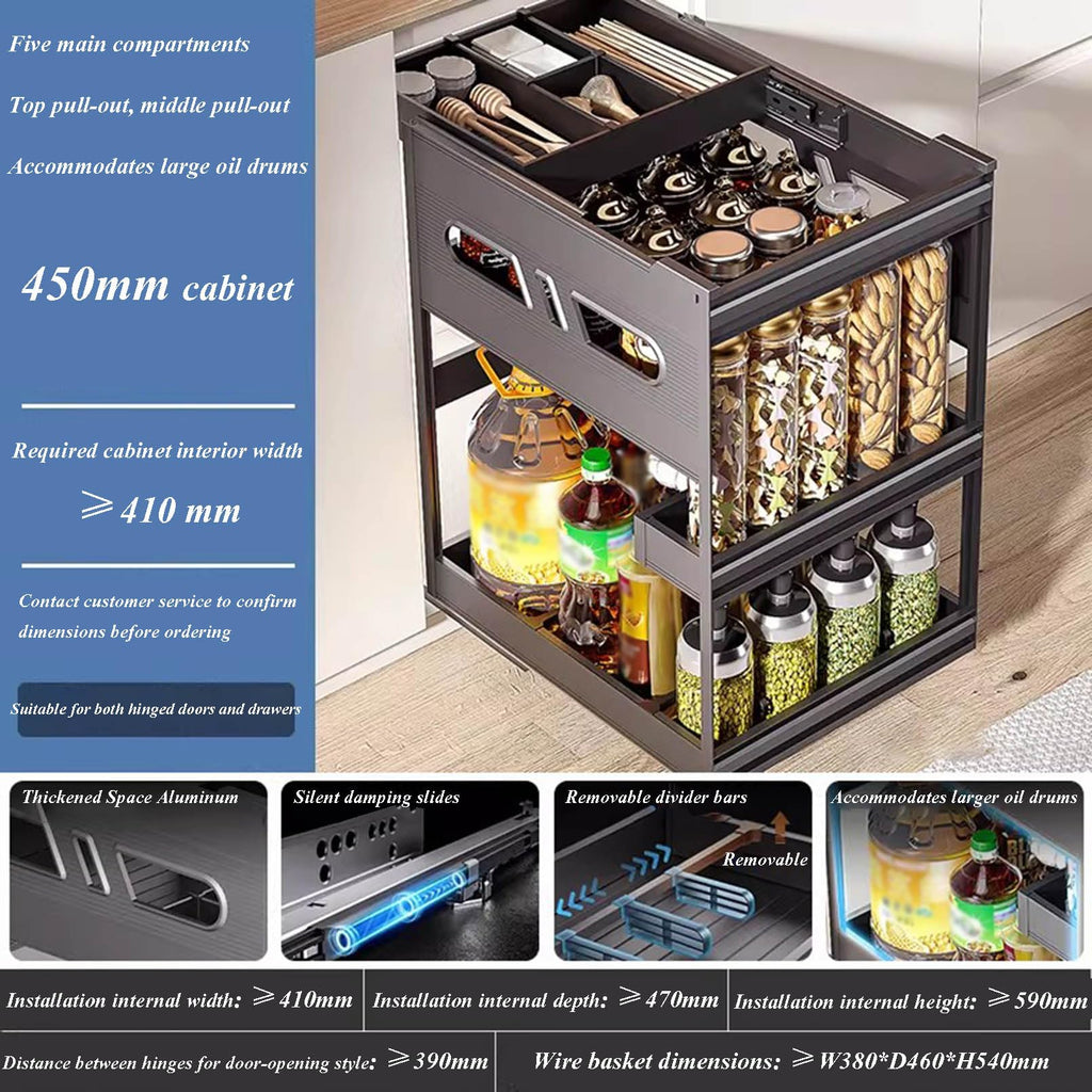 XAWSOP 3 Tier Black Pull Out Cabinet Organizer with Dividers - MultiUse Slide Out Storage Container for Kitchen, Pantry, Cupboard Bins, Bathroom, Vanity Makeup, Under Sink,450mm Cabinet