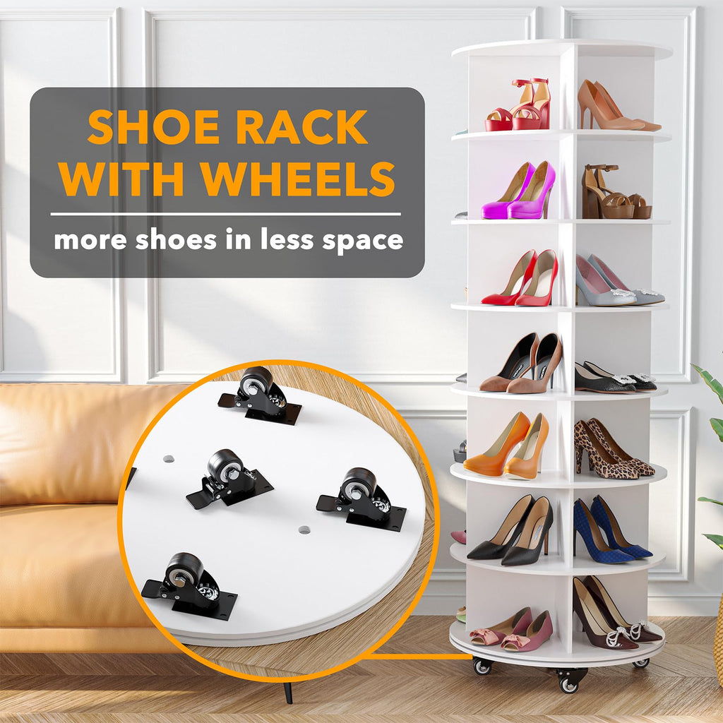 SpaceAid Spinning Shoe Rack with Wheels, 7 Tier Rotating Organizer Shoe Tower Lazy Susan with Thick Bottom, 360 Display Revolving Storage Shelf, Round Circular Rotate Organization, White