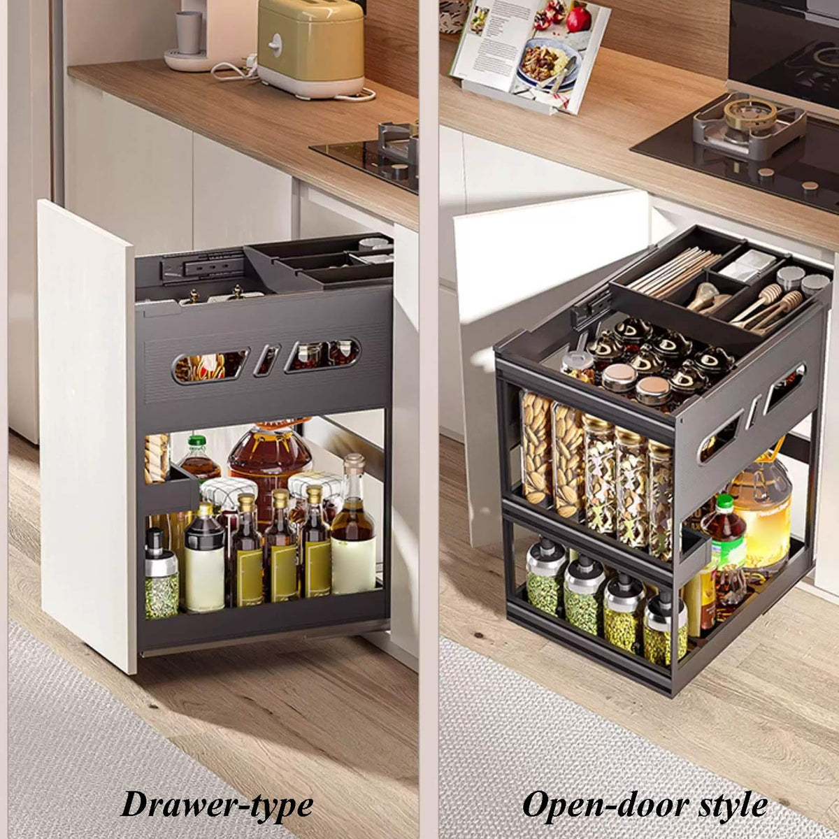 XAWSOP 3 Tier Black Pull Out Cabinet Organizer with Dividers - MultiUse Slide Out Storage Container for Kitchen, Pantry, Cupboard Bins, Bathroom, Vanity Makeup, Under Sink,450mm Cabinet