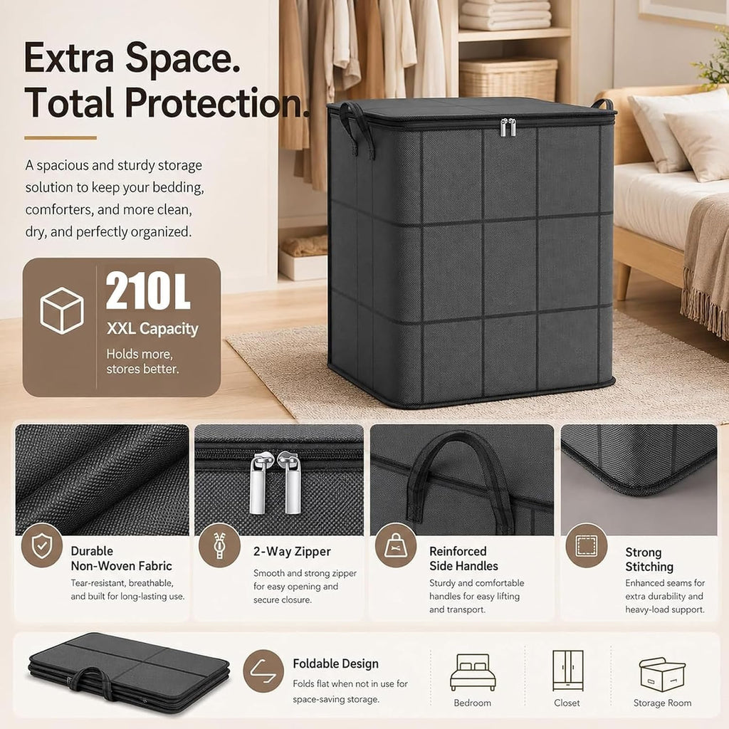 Extra Large 210l Fabric Storage Tote with Zipper,Foldable Closet Organizer for Quilts,Bedding,and Moving (3-Pack,Xxl)