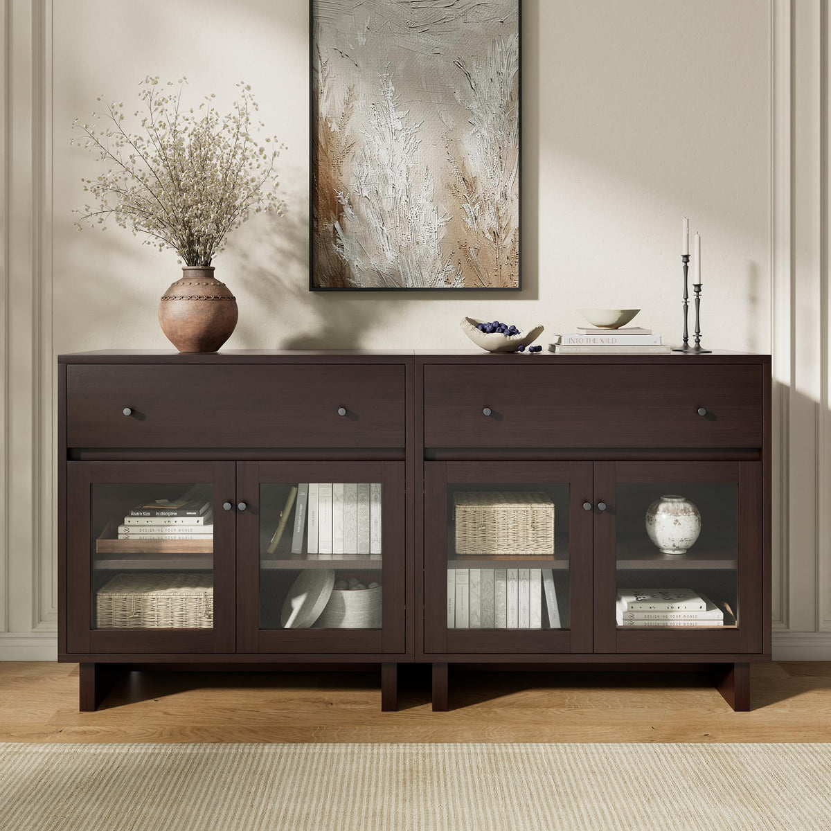 AMERLIFE Storage Cabinet with Glass Doors & Drawer