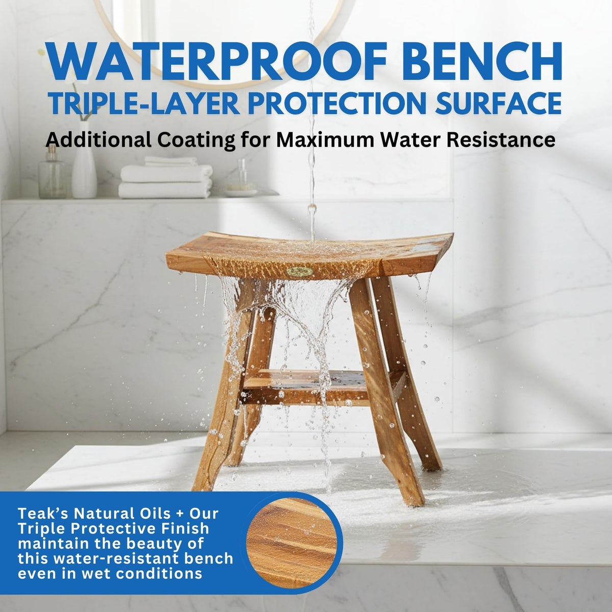 EcoDecors Satori Teak Wood Shower Bench, EarthyTeak Finish