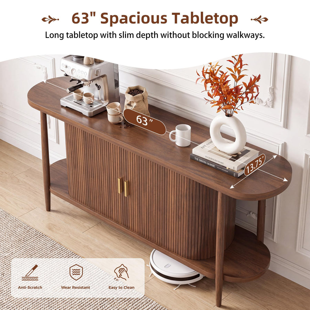 63" Fluted Console Table with Storage, Entryway Table Sliding Door, Walnut