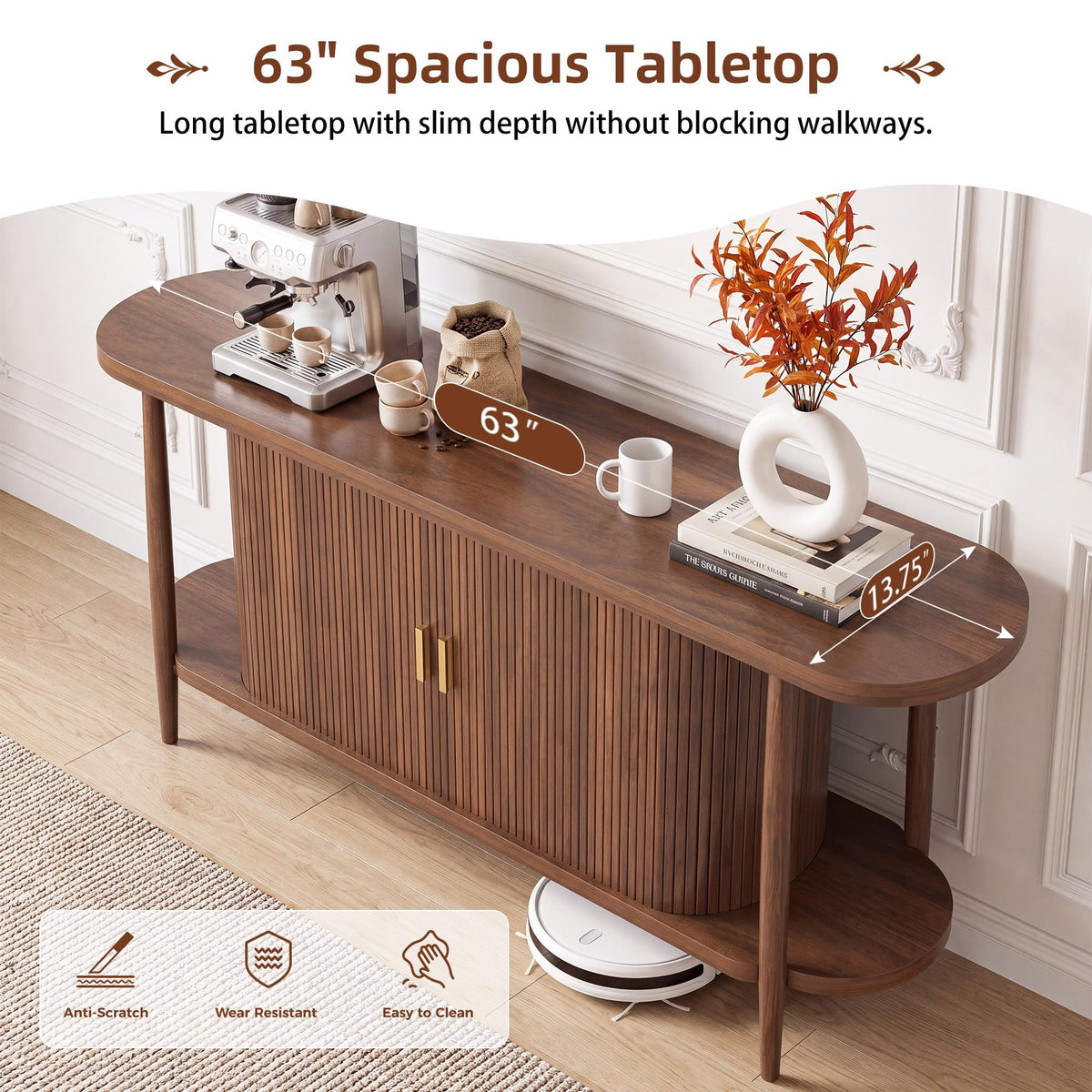 63" Fluted Console Table with Storage, Entryway Table Sliding Door, Walnut