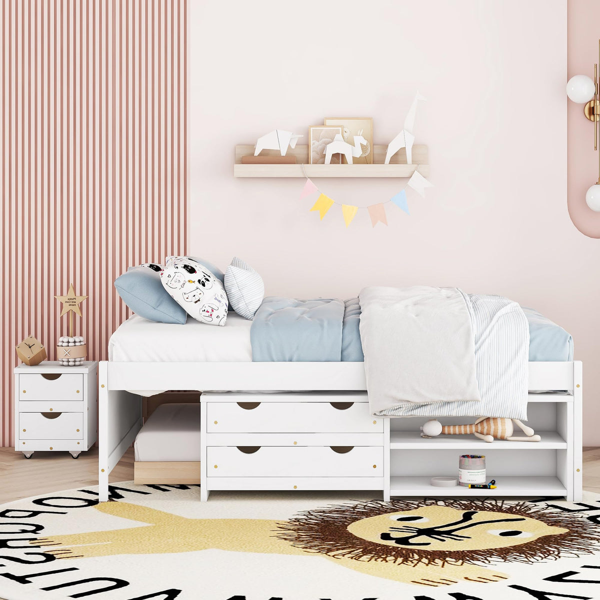 Full Size Storage Bed, Solid Wood Bed with Trundle, Under Bed Storage Box of 2 Drawers, Shelves, and Nightstand,White DI728 CR275