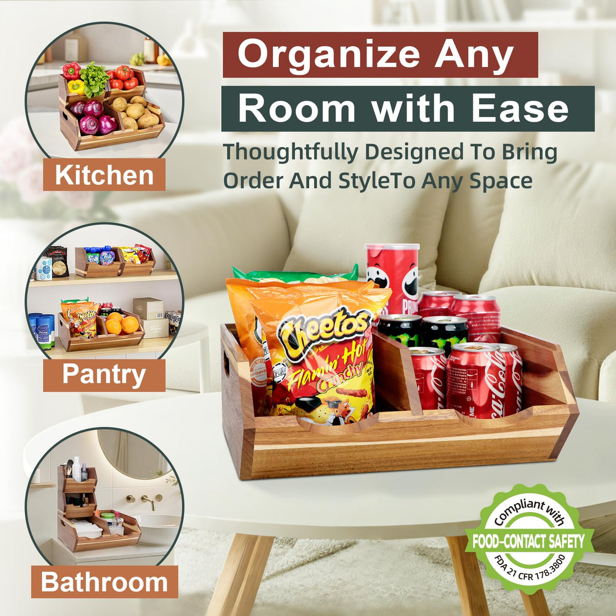 Happilif Acacia Wood Pantry Storage Bins, Stackable 3-piece set