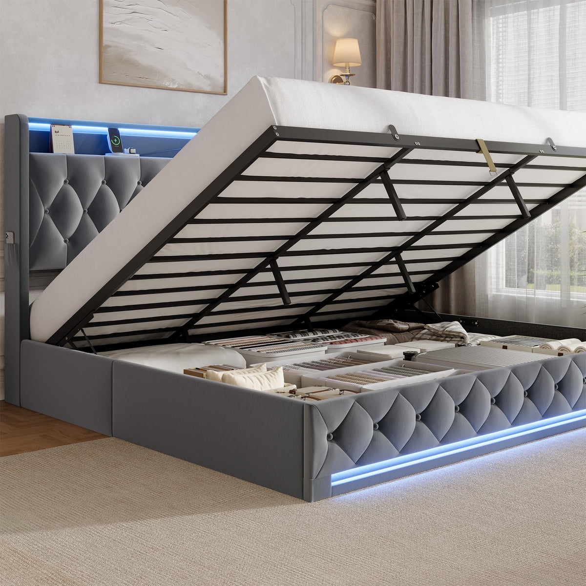 Hizyrina Hydraulic Lift Storage Bed with Charging Station