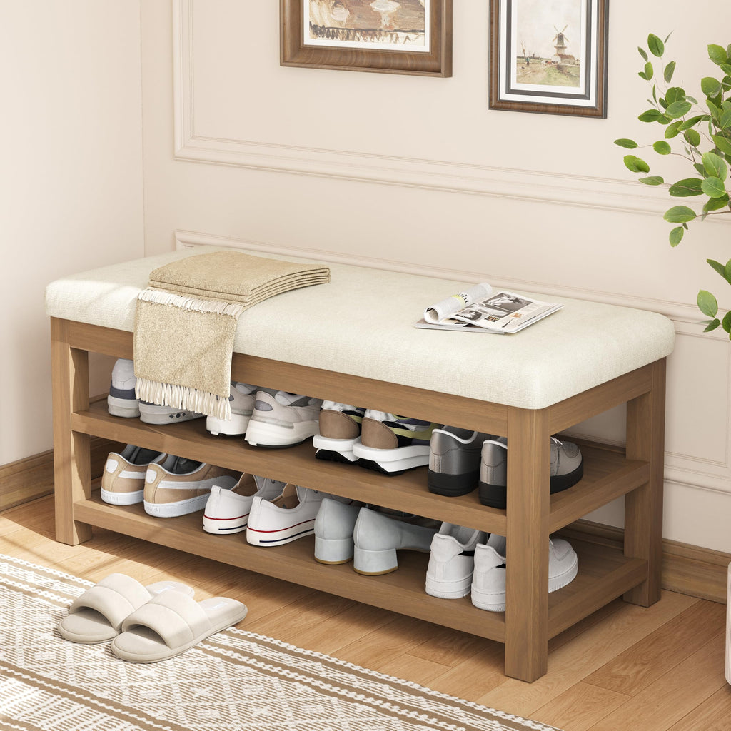 2 Tier Solid Rubberwood Shoe Bench - 300 LBS Capacity, 31.5" Beige