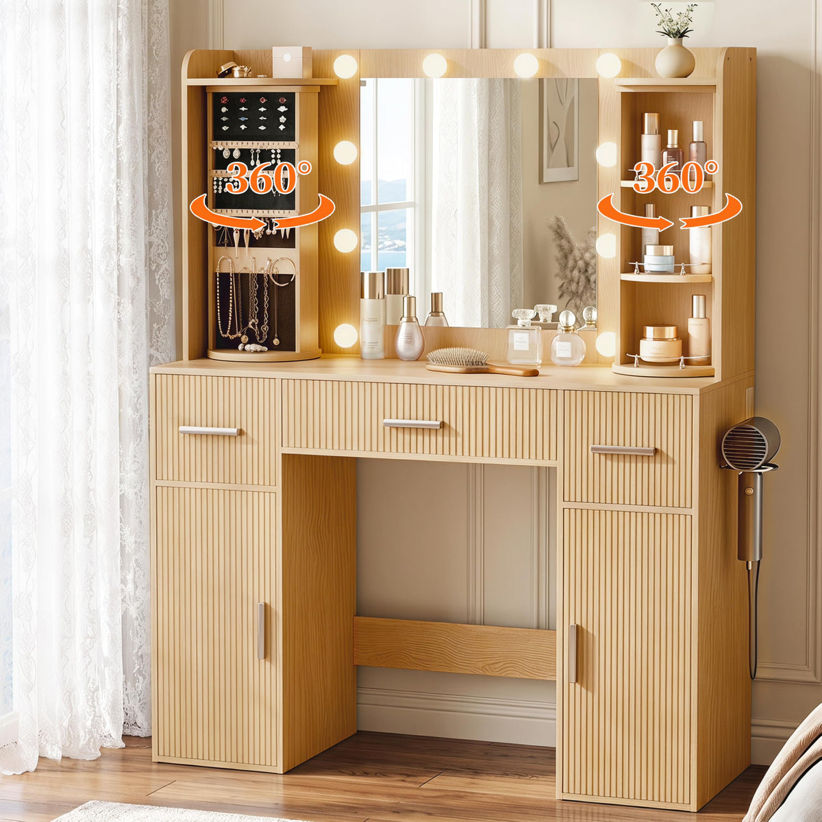 EasyCom Vanity Desk with Rotating Jewelry Organizers for Bedroom