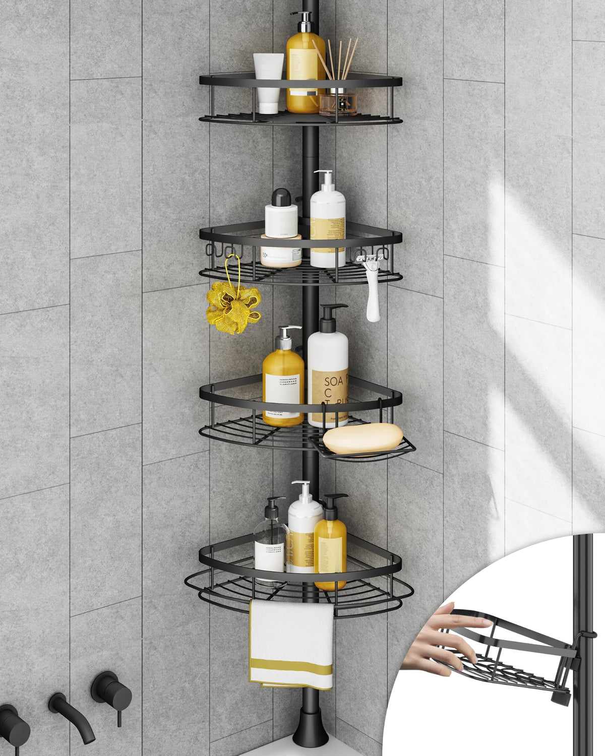 SEIRIONE Rustproof Corner Shower Caddy Tension Pole for Bathroom Organizers