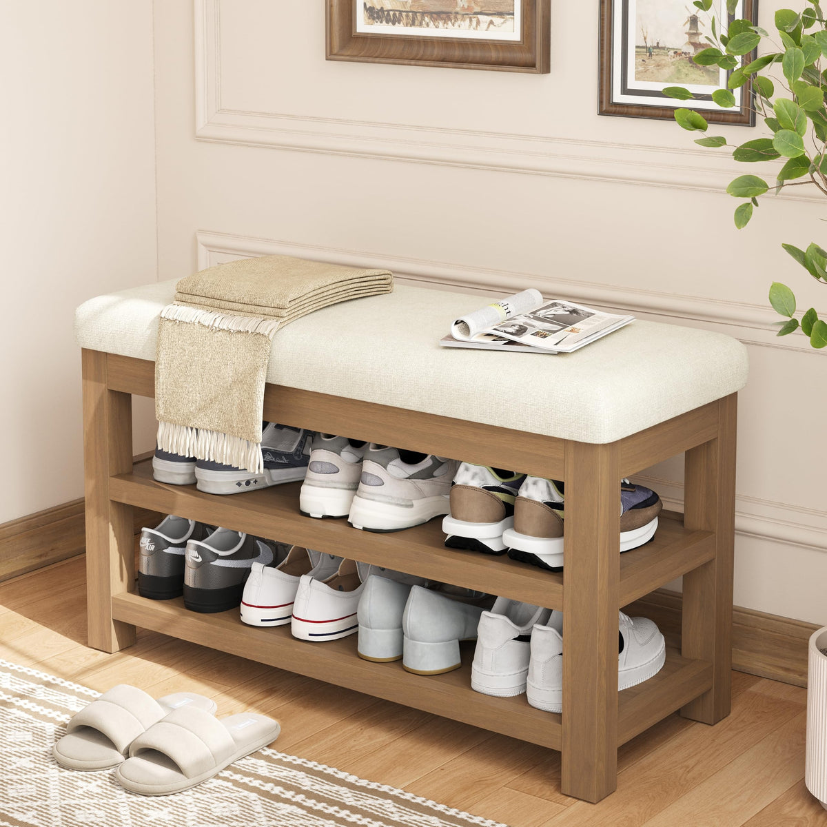 2-Tier Solid Rubberwood Shoe Bench with 300-Lb Capacity