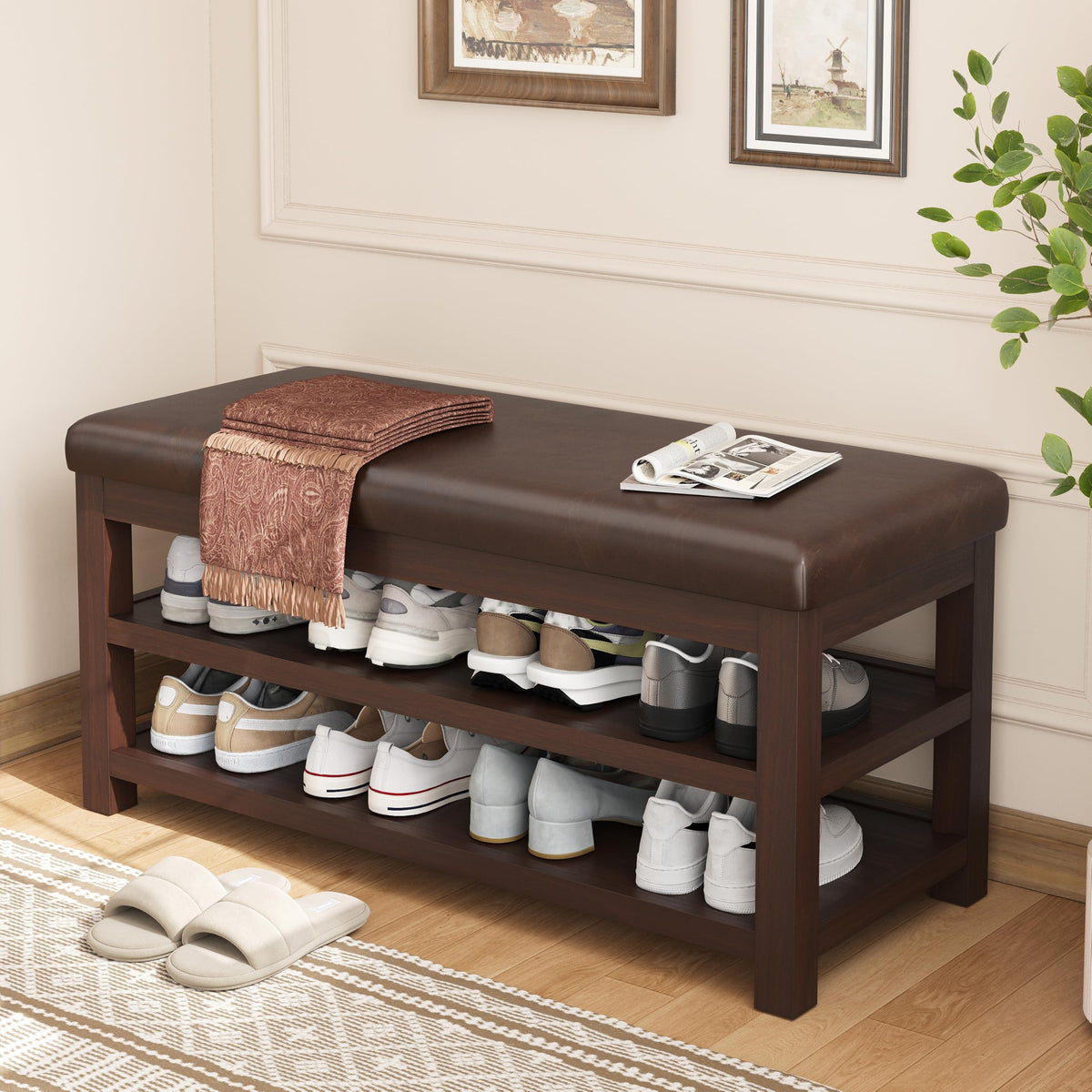 2-Tier Solid Rubberwood Shoe Bench with 300-Lb Capacity