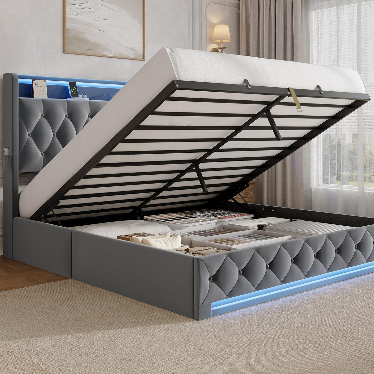 Hizyrina Hydraulic Lift Storage Bed with Charging Station