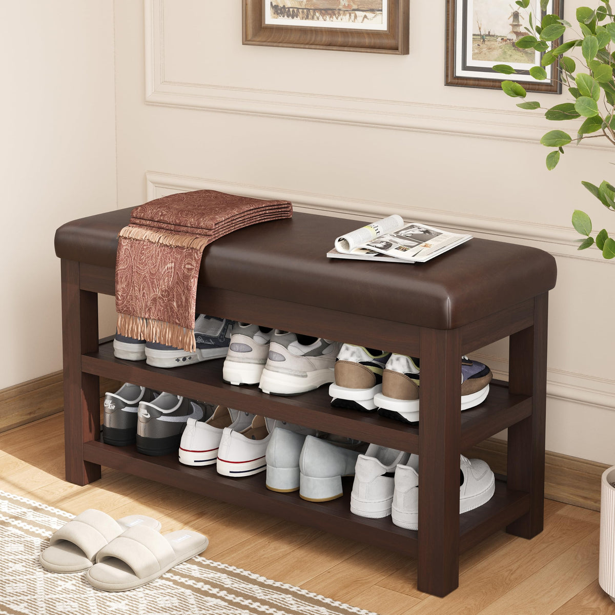 2-Tier Solid Rubberwood Shoe Bench with 300-Lb Capacity